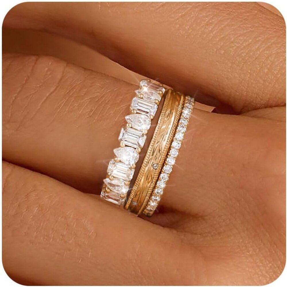Stackable Gold Rings Women's Jewelry Set 3pcs Cubic Zirconia Dainty Wedding